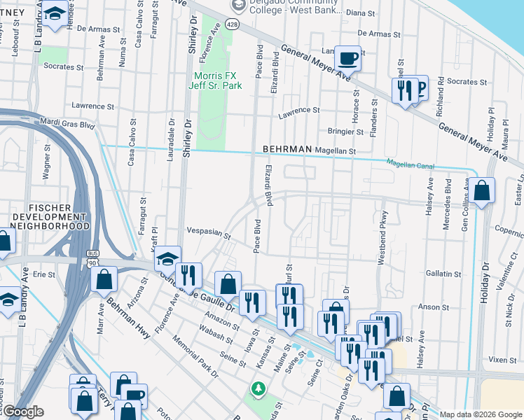 map of restaurants, bars, coffee shops, grocery stores, and more near 1951 Elizardi Boulevard in New Orleans