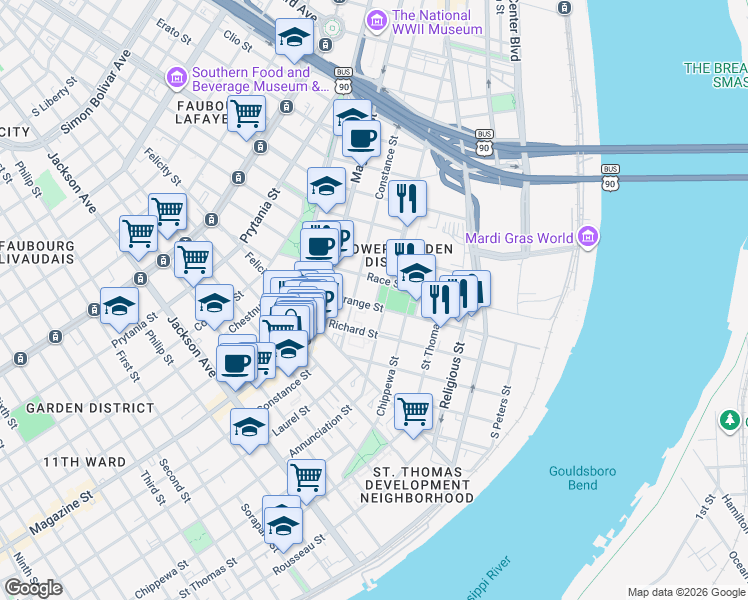 map of restaurants, bars, coffee shops, grocery stores, and more near 1558 Annunciation Street in New Orleans