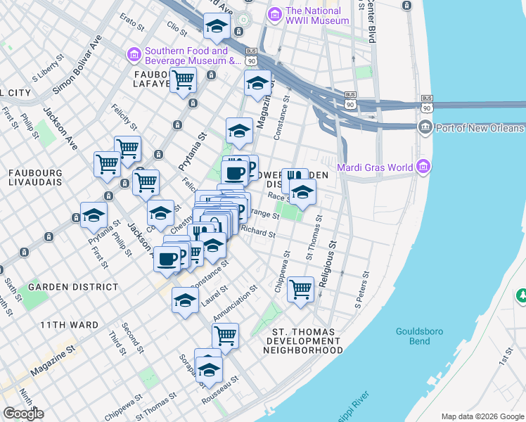 map of restaurants, bars, coffee shops, grocery stores, and more near 1573 Constance Street in New Orleans