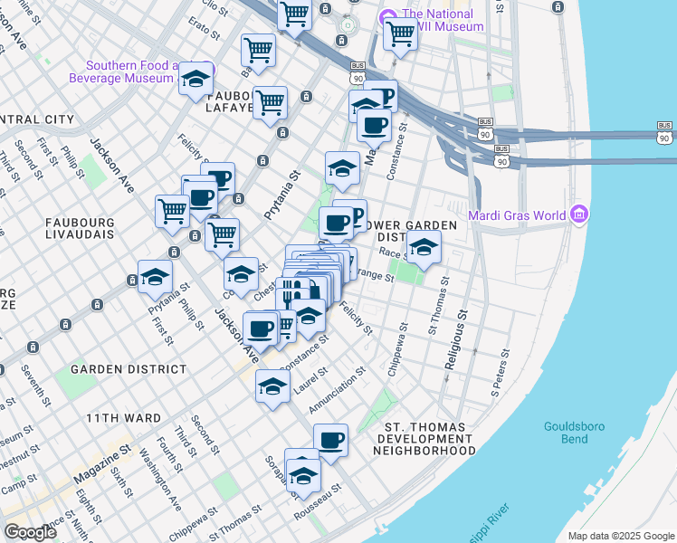 map of restaurants, bars, coffee shops, grocery stores, and more near in New Orleans