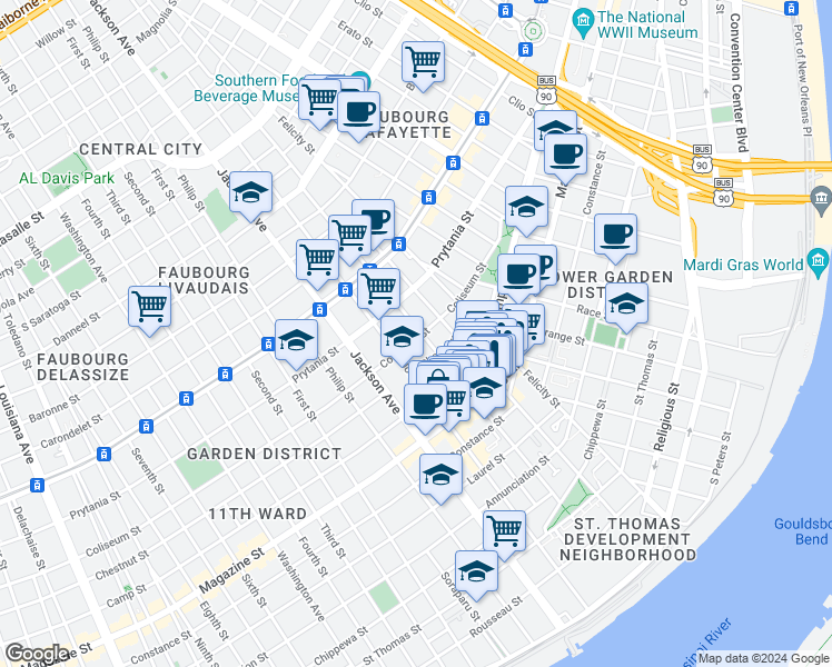 map of restaurants, bars, coffee shops, grocery stores, and more near 1300 Saint Andrew Street in New Orleans
