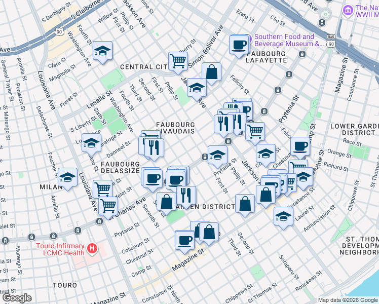 map of restaurants, bars, coffee shops, grocery stores, and more near 2501 Saint Charles Avenue in New Orleans