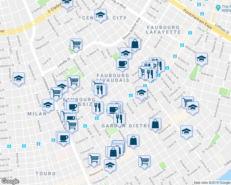 map of restaurants, bars, coffee shops, grocery stores, and more near 2618 Carondelet Street in New Orleans