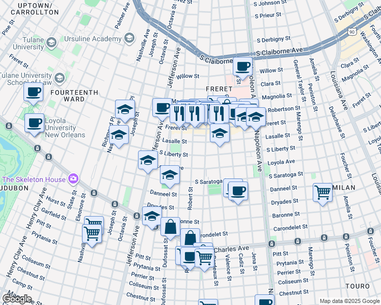 map of restaurants, bars, coffee shops, grocery stores, and more near 4917 Loyola Avenue in New Orleans
