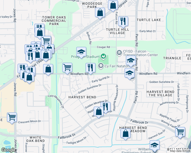 map of restaurants, bars, coffee shops, grocery stores, and more near 10007 Early Spring Drive in Houston
