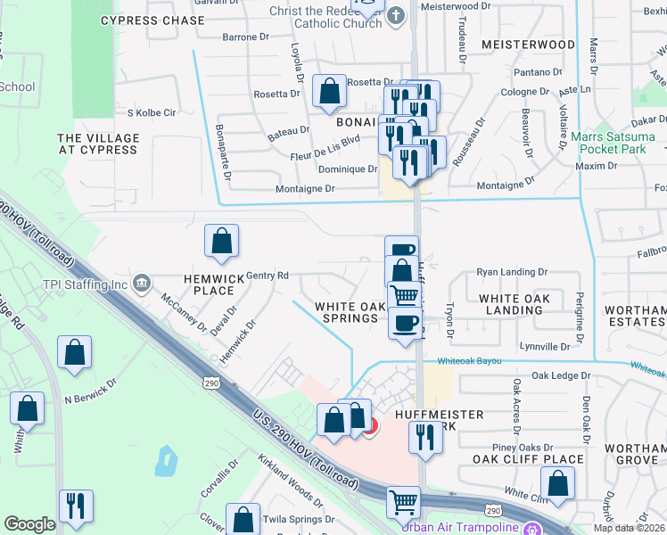 map of restaurants, bars, coffee shops, grocery stores, and more near 21215 Gentry Road in Cypress