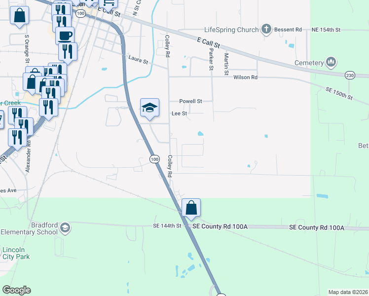 map of restaurants, bars, coffee shops, grocery stores, and more near 1200 Westward Avenue in Starke