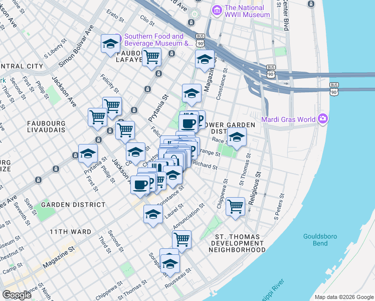 map of restaurants, bars, coffee shops, grocery stores, and more near in New Orleans