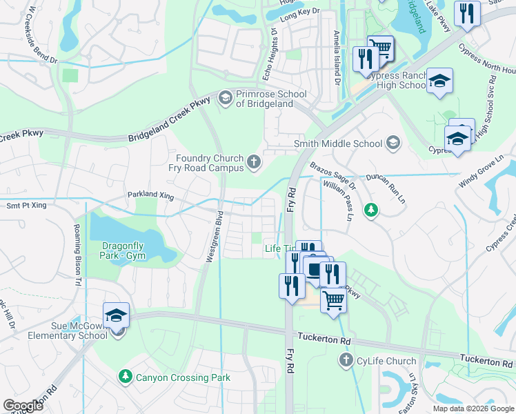 map of restaurants, bars, coffee shops, grocery stores, and more near 18511 Parkland Crossing in Cypress