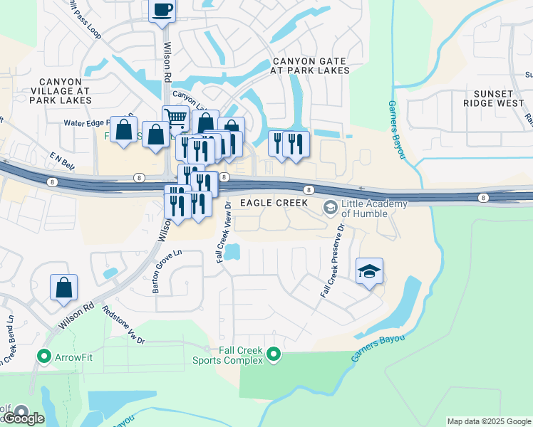 map of restaurants, bars, coffee shops, grocery stores, and more near 9702 North Sam Houston Parkway East in Humble