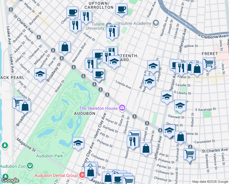 map of restaurants, bars, coffee shops, grocery stores, and more near 1640 Palmer Avenue in New Orleans