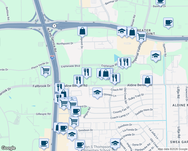 map of restaurants, bars, coffee shops, grocery stores, and more near 131 Aldine Bender Road in Houston