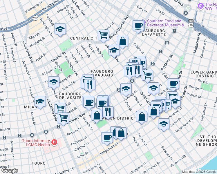 map of restaurants, bars, coffee shops, grocery stores, and more near Carondelet Street in New Orleans
