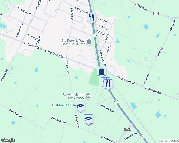 map of restaurants, bars, coffee shops, grocery stores, and more near 1035 East Hacienda Street in Bellville