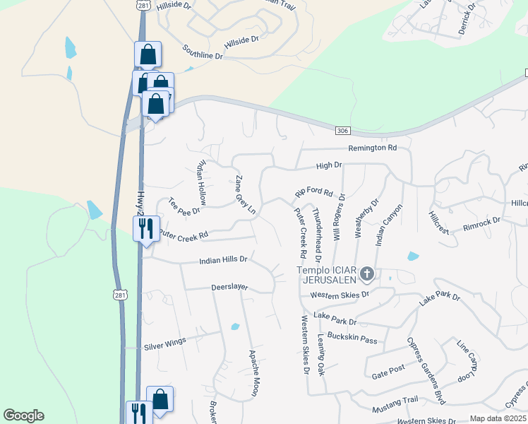 map of restaurants, bars, coffee shops, grocery stores, and more near 156 High Drive in Spring Branch