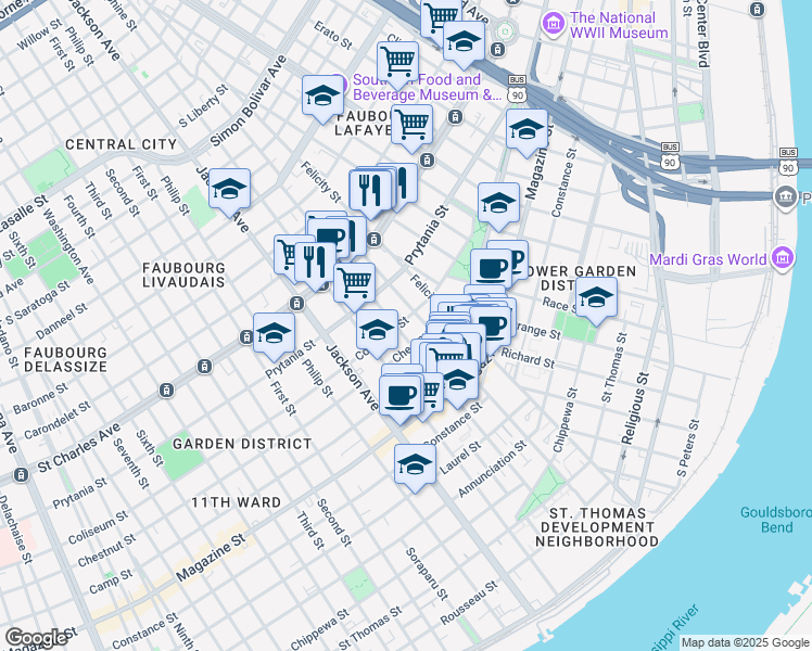map of restaurants, bars, coffee shops, grocery stores, and more near 1401 Saint Andrew Street in New Orleans