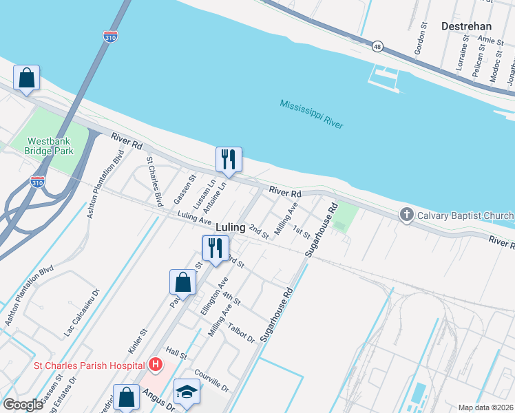 map of restaurants, bars, coffee shops, grocery stores, and more near 103 1st Street in Luling