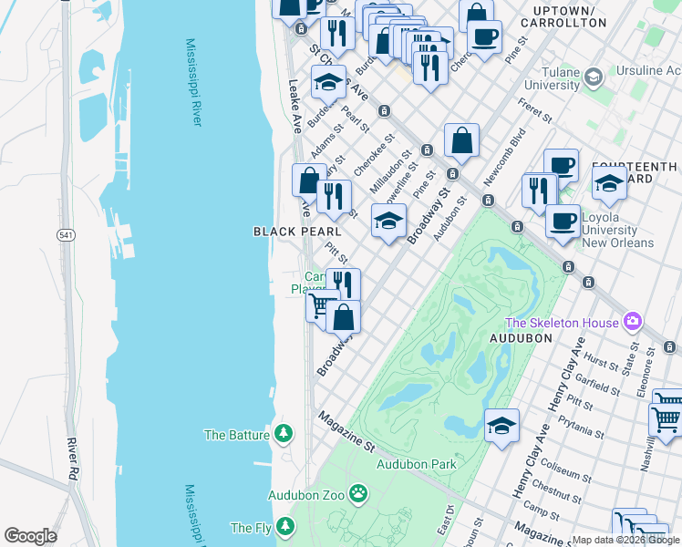 map of restaurants, bars, coffee shops, grocery stores, and more near 304 Lowerline Street in New Orleans