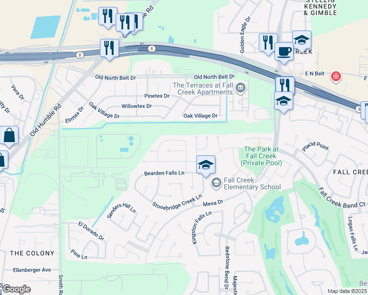 map of restaurants, bars, coffee shops, grocery stores, and more near 7423 Fall Springs Lane in Humble