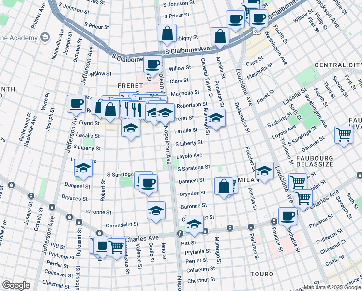 map of restaurants, bars, coffee shops, grocery stores, and more near 4318 Lasalle Street in New Orleans