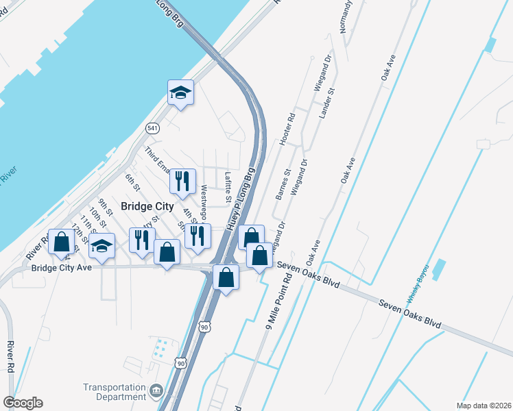 map of restaurants, bars, coffee shops, grocery stores, and more near 940 Hooter Road in Bridge City