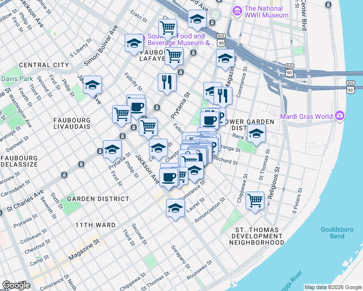 map of restaurants, bars, coffee shops, grocery stores, and more near 1309 Felicity Street in New Orleans