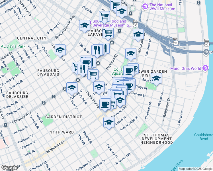 map of restaurants, bars, coffee shops, grocery stores, and more near 1401 Saint Andrew Street in New Orleans