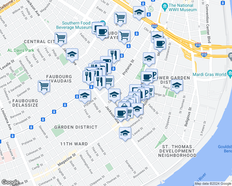 map of restaurants, bars, coffee shops, grocery stores, and more near in New Orleans