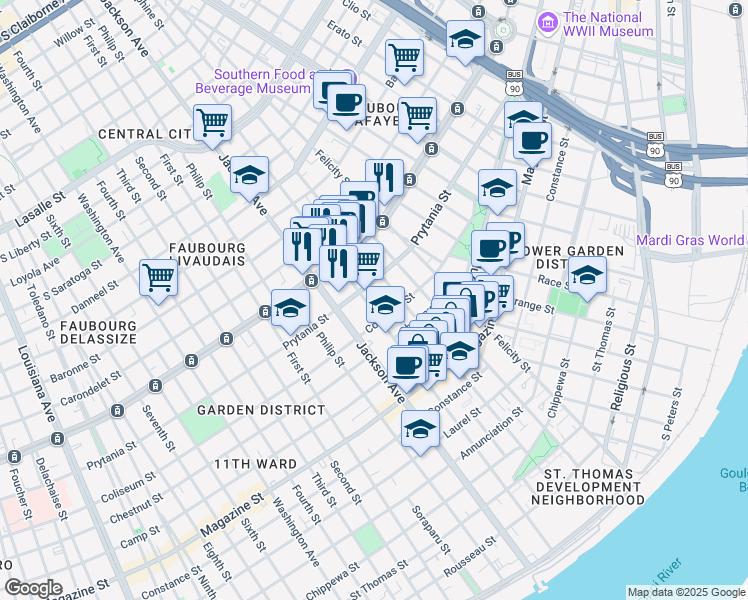 map of restaurants, bars, coffee shops, grocery stores, and more near in New Orleans
