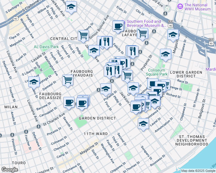 map of restaurants, bars, coffee shops, grocery stores, and more near 2211 Saint Charles Avenue in New Orleans