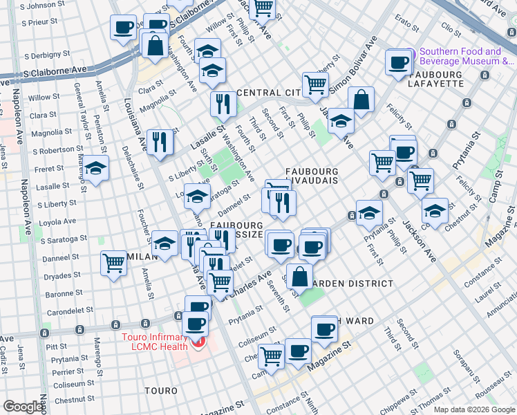 map of restaurants, bars, coffee shops, grocery stores, and more near 1930 Washington Avenue in New Orleans