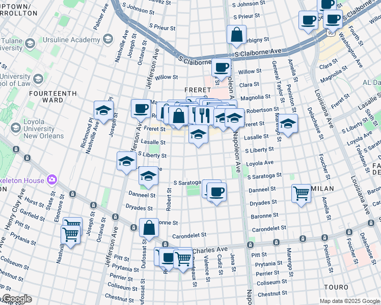 map of restaurants, bars, coffee shops, grocery stores, and more near 2400 Valence Street in New Orleans