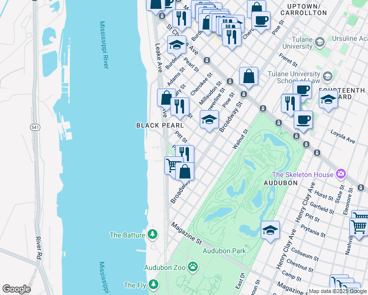 map of restaurants, bars, coffee shops, grocery stores, and more near 304 Lowerline Street in New Orleans