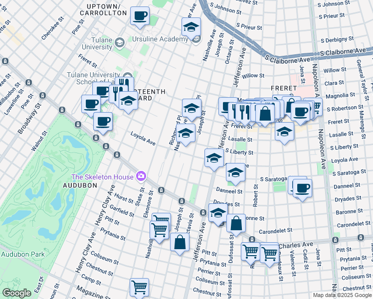 map of restaurants, bars, coffee shops, grocery stores, and more near 5625 Loyola Avenue in New Orleans