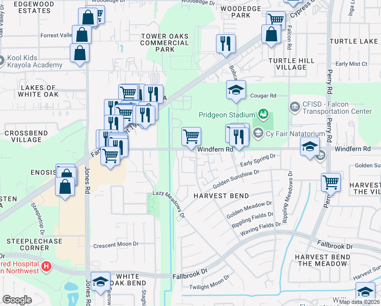 map of restaurants, bars, coffee shops, grocery stores, and more near 13005 Windfern Road in Houston