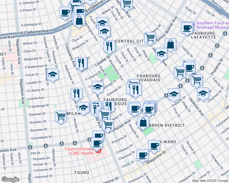 map of restaurants, bars, coffee shops, grocery stores, and more near 2025 Sixth Street in New Orleans