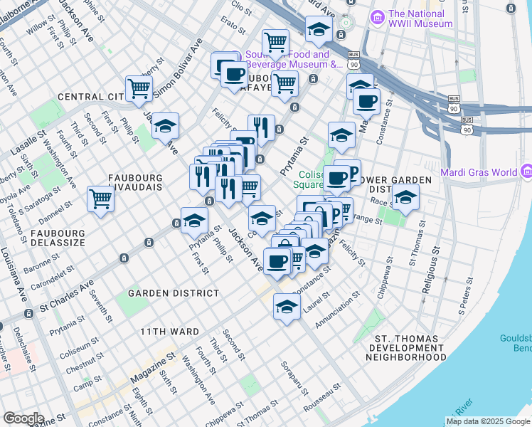map of restaurants, bars, coffee shops, grocery stores, and more near in New Orleans