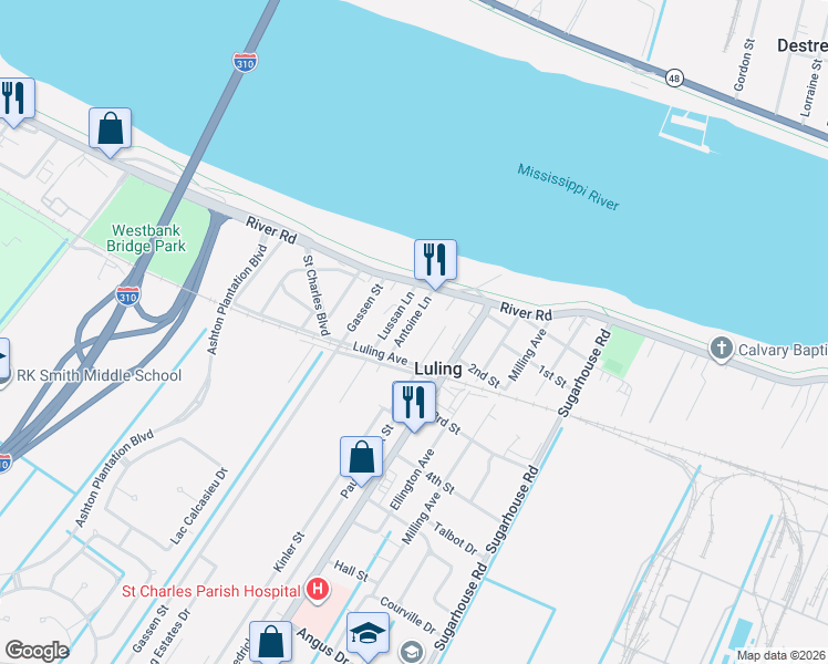 map of restaurants, bars, coffee shops, grocery stores, and more near 115 Lussan Street in Luling