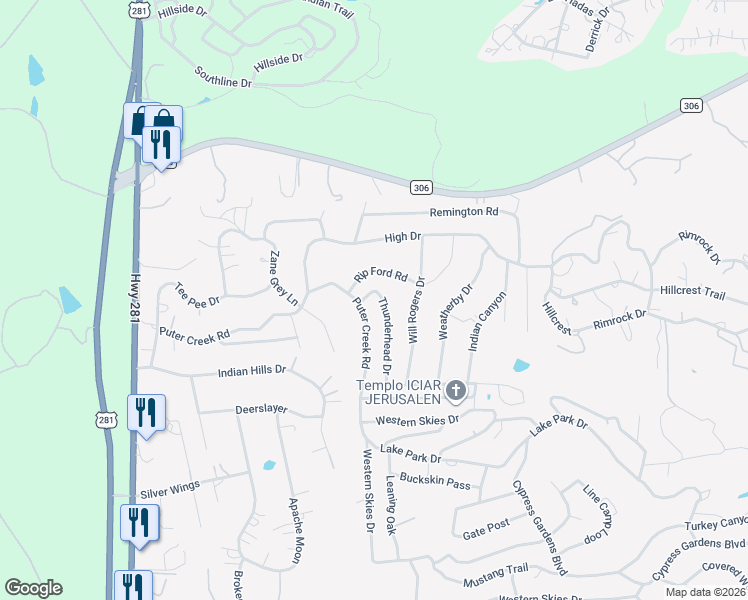 map of restaurants, bars, coffee shops, grocery stores, and more near 198 Rip Ford Road in Spring Branch