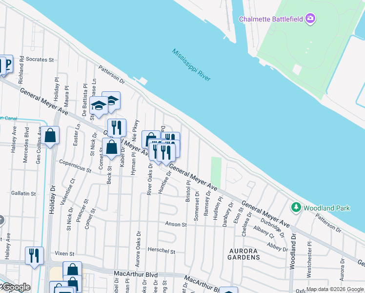 map of restaurants, bars, coffee shops, grocery stores, and more near 124 Roselyn Park Place in New Orleans