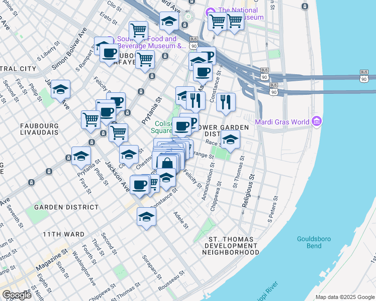 map of restaurants, bars, coffee shops, grocery stores, and more near in New Orleans