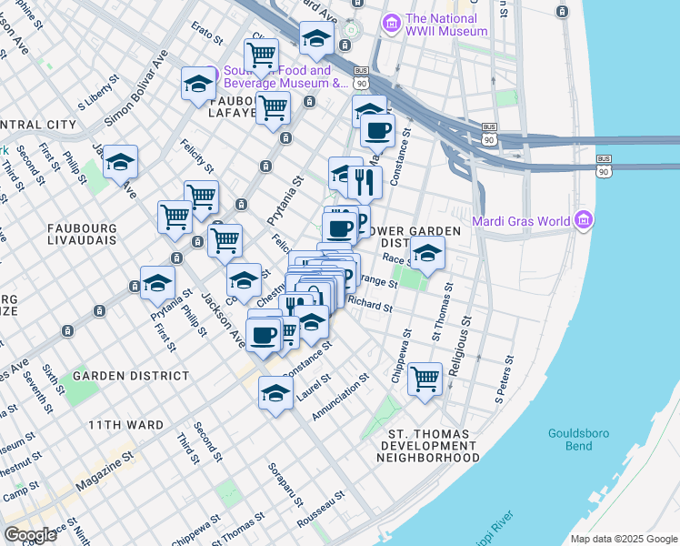 map of restaurants, bars, coffee shops, grocery stores, and more near 1526 Camp Street in New Orleans