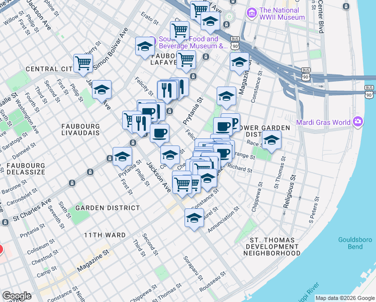 map of restaurants, bars, coffee shops, grocery stores, and more near 1401 Saint Andrew Street in New Orleans