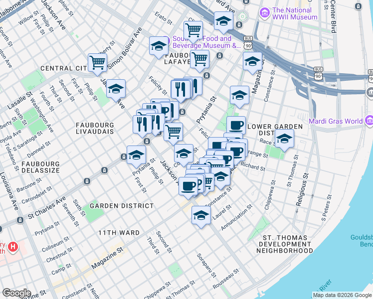 map of restaurants, bars, coffee shops, grocery stores, and more near in New Orleans