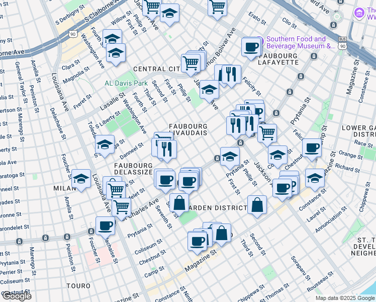 map of restaurants, bars, coffee shops, grocery stores, and more near 2523 Baronne Street in New Orleans