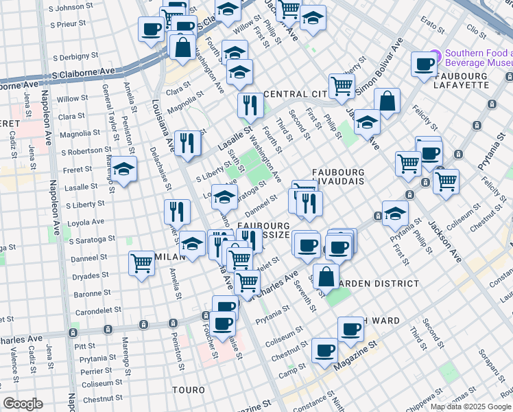 map of restaurants, bars, coffee shops, grocery stores, and more near 2025 Sixth Street in New Orleans