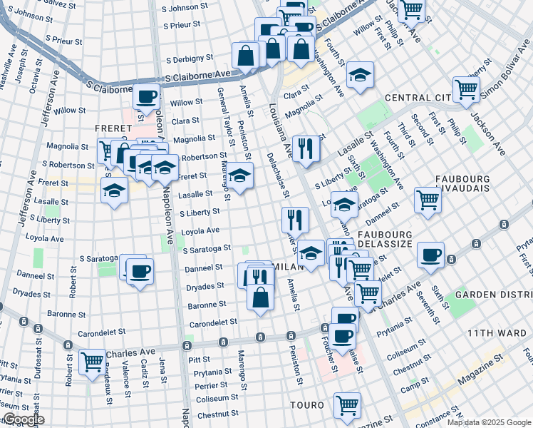 map of restaurants, bars, coffee shops, grocery stores, and more near 2308 Peniston Street in New Orleans