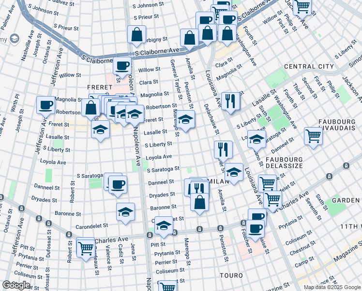 map of restaurants, bars, coffee shops, grocery stores, and more near 2300 General Taylor in New Orleans
