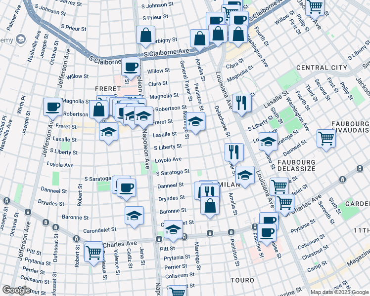 map of restaurants, bars, coffee shops, grocery stores, and more near 2300 General Taylor in New Orleans