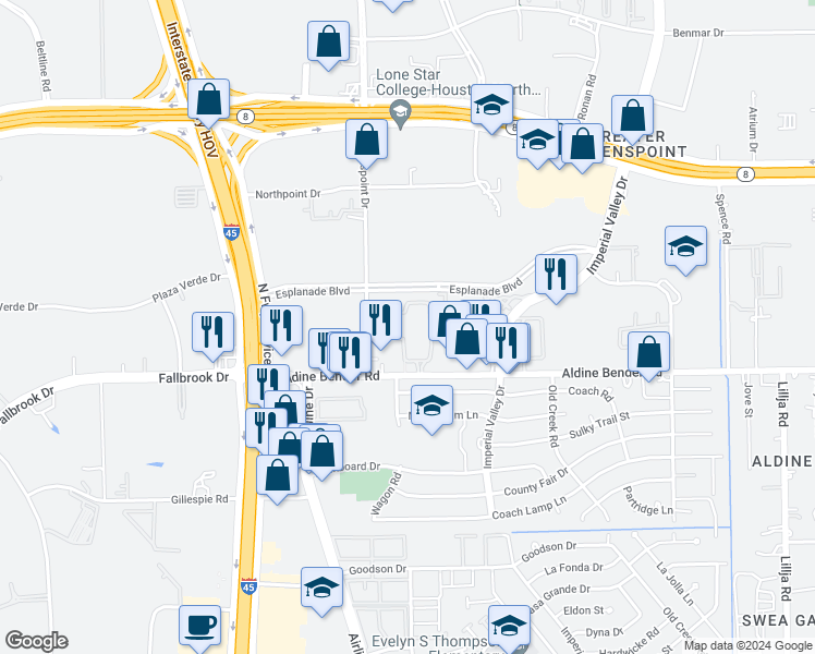 map of restaurants, bars, coffee shops, grocery stores, and more near 131 Aldine Bender Road in Houston